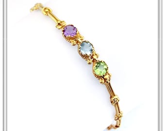 18K Gold Gemstone Beaded Bracelet: Amethyst, Topaz, Peridot, Garnet, Citrine