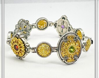 Byzantine Style Natural Gemstones Beaded Bracelet: Oxidized & 18K Gold-Filled Sterling Silver