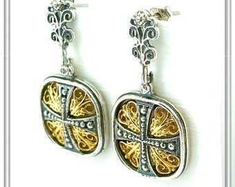 Byzantine cross filigree square silver earrings, sterling silver oxidized and 18 karat gold filled. Greek Orthodox Christian cross earrings.