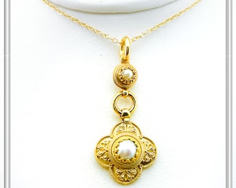 Silver filigree pearl pendant 18 karat gold-filled. Pearl dangle and drop necklace, ancient Greek filigree and granulation. Museum charm.