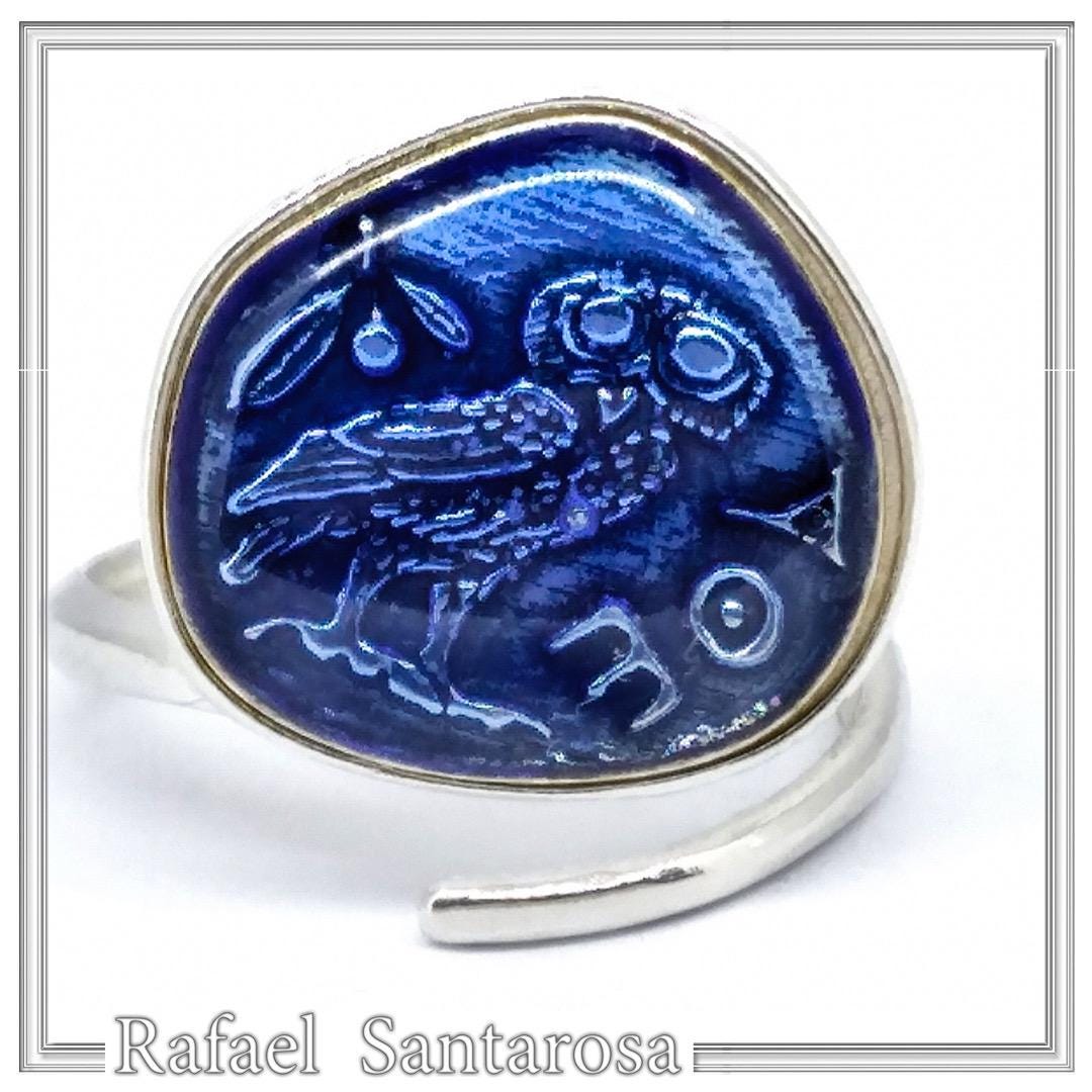 酸化スターリングシルバーのフクロウリング：ブルーエナメルアテナコイン - Etsy 日本
