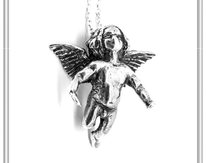 Featured listing image: Angel cupid talisman pendant, oxidized sterling silver angel, Eros angel, baby cupid angel, ancient Greek Eros god of love silver necklace.