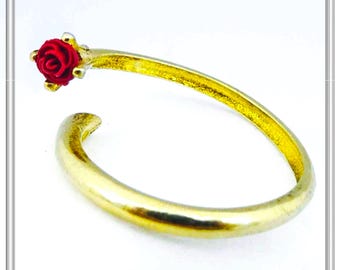 Rose flower adjustable ring handmade freeform band ring made of sterling silver 18 karat gold-filled. Romantic ring for her, gift for girls