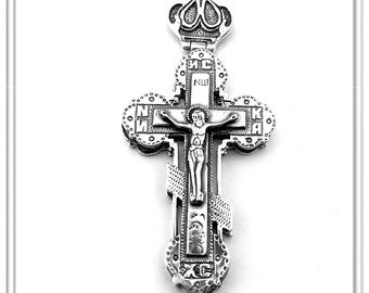 Reliquary Russian Type Cross Byzantine Cyrillic Prayer Pendant: Oxidised Sterling Silver Locket