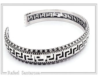 Oxidized Sterling Silver Cuff Bracelet: Greek Key Meander Design