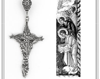 Byzantine 7 angels cross talisman, angel guardian, Greek orthodox Christian cross on sterling silver oxidized. Holy Month Byzantine angels.