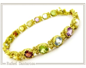 Solid gold multi stone beaded tennis bracelet 18 karat Byzantine filigree, genuine natural gems, topaz, peridot, amethyst, garnet, citrine.