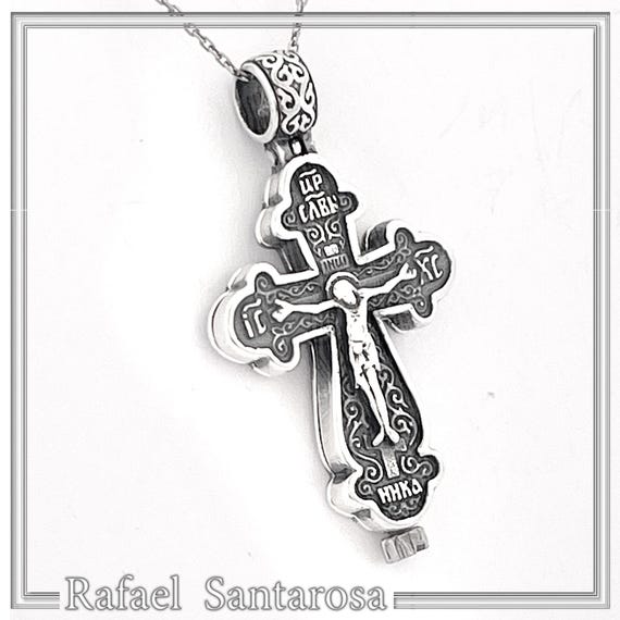 Byzantine Cyrillic Prayer Cross Locket Necklace: Russian Type