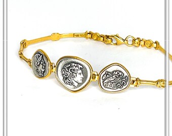 Beaded Museum Degraded Greek Coins Bracelet: Oxidised and 18K Gold Filled Sterling Silver replicas