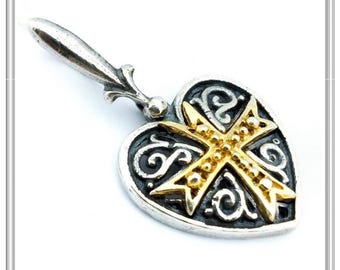 Maltese cross holy heart shape byzantine luxury pendant on sterling silver oxidized heart shape base with 18ct gold filled silver cross.