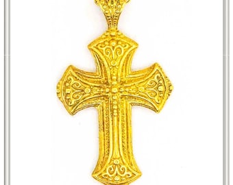 Byzantine Filigree Cross: 18k Solid Yellow Gold Greek Orthodox Religious Baptism Cross Pendant