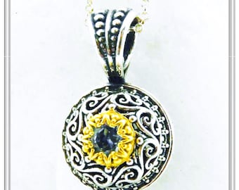 Natural topaz silver necklace, Byzantine style oxidized sterling silver with sky blue topaz in 18 karat gold-filled filigree silver bezel.