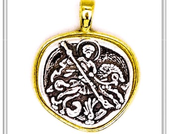 St George killing the evil coin necklace on sterling silver oxidised and 18 karat gold-filled, byzantine museum replicas, religious talisman