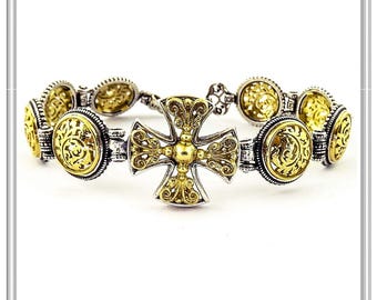 Byzantine protection cross silver beaded bracelet 18 karat gold filled & oxidized solid sterling silver. Greek orthodox Christian cross.