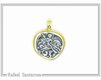 St George coin pendant on sterling silver oxidised and 18ct gold-filled, byzantine museum replicas, religious pendant talisman