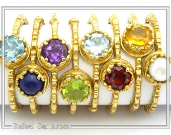 Byzantine silver statement ring with natural gemstone 18 karat gold-filled . Topaz pearl amethyst peridot citrine lapis garnet stacking ring
