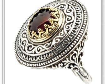 Natural garnet oval byzantine statement ring sterling silver oxidized and 18 karat gold filled. Also available with amethyst or tourmaline.