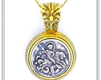 St. George killing the evil Dragon. Protection necklace talisman necklace, oxidized sterling silver in a filigree 18 karat gold filled base