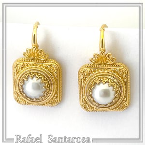 Ancient Greek Pearl Earrings: Sterling Silver 18K Gold-Filled Filigree Byzantine way Decoration