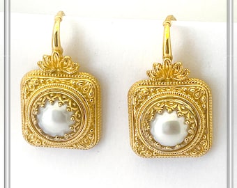 Natural pearl on byzantine silver earrings 18 karat gold-filled. Byzantine filigree & granulation decoration sterling silver 18K gold filled