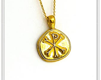18k Gold Chi Rho Pendant - Byzantine Christian Necklace