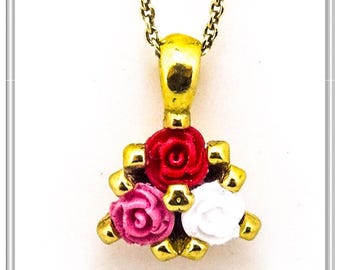 Rose flowers floral necklace 18 karat gold-filled roses pendant made of sterling silver, handmade multicolor rose flowers girl gift pendant.