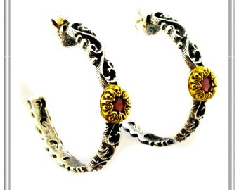 Garnet byzantine hoop earrings in oxidized silver with 18 karat gold filled setting. Available  with topaz peridot amethyst pearl and lapis.