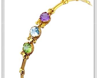 18K Solid Gold Amethyst, Topaz, Peridot, Garnet, Citrine Genuine Gemstone Beaded Bracelet
