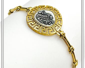 Athena Goddess Owl Tetradrachm Coin Greek Key Bracelet: Oxidized & 18k Gold Filled Sterling Silver