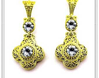 18K Solid Gold Filigree Dangle Earrings with Natural Sky-Blue Topaz Brilliant Cut and Byzantine Decoration