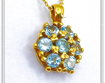 Sky Blue Topaz Rosette Pendant Sterling Silver 18k Gold Filled Pave Cluster Necklace Handmade