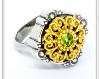 Byzantine statement ring with natural peridot, garnet, topaz or amethyst sterling silver oxidized & 18 karat gold filled filigree decoration