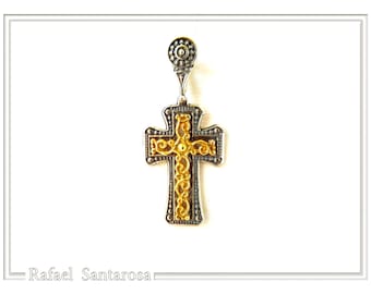 Orthodox Byzantine Cross 18 karat Gold Filled and Oxidized Sterling Silver Holy Mount Inspired Filigree Decoration, Silver Christian Cross.