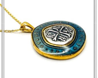 Byzantine Christian Prayer Talisman Necklace: Oxidized Sterling Silver, 18K Gold-Filled, Transparent Blue Enamel