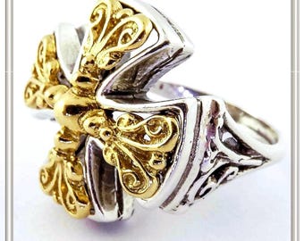 Byzantine statement protection cross ring, sterling silver oxidized with 18 karat gold filled filigree. Greek orthodox christian cross ring.