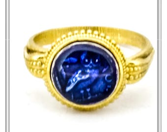 Athena Owl Coin Tetradrachm Ring: Blue Transparent Enamel on 18K Gold-Filled Filigree Sterling Silver