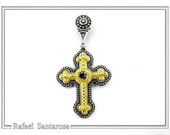 Byzantine silver cross with sky blue topaz on 18ct gold filled filigree silver bezel and oxidized base. Natural gem orthodox religious cross