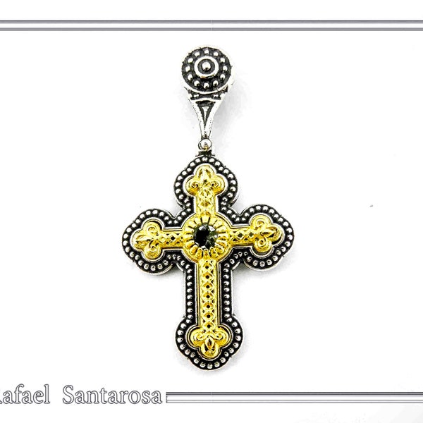 Byzantine silver cross with sky blue topaz on 18ct gold filled filigree silver bezel and oxidized base. Natural gem orthodox religious cross