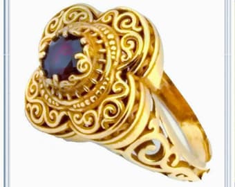 Solid gold 18 karat statement Byzantine ring with natural stone, shinny brilliant cut gems on byzantine filigree statement handmade ring.