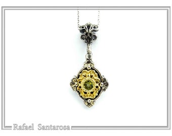 Byzantine silver necklace, sterling silver oxidized with 18 karat gold-filled filigree decoration, with peridot garnet topaz or amethyst