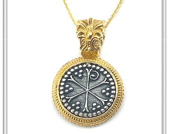 Chi Ro protection Christogram talisman necklace, oxidized sterling silver in an 18 karat gold filled silver filigree base. Christian charm.