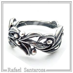 Olive Branch Band Ring, Greek Mythology Floral Jewelry: Oxidized Sterling Silver