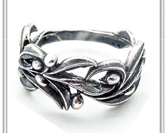 Olive leaf branch floral ring made of oxidized or 18 karat gold filled solid sterling silver. peace and victory symbol of Greek mythology.