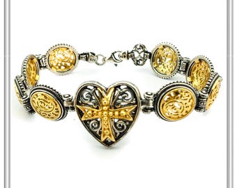 Holy cross heart Byzantine Maltese knights' cross silver beaded bracelet, oxidized solid sterling silver with 18ct gold filled silver cross.