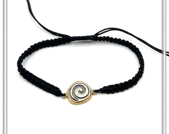 Spiral Macrame Bracelet Oxidized Sterling silver charm on 18K gold filled base. Museum replica