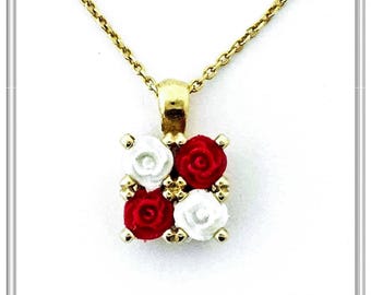 Rose flowers floral pendant, square minimal tiny alabaster rose flowers bouquet necklace sterling silver 18 karat gold filled gift for girls