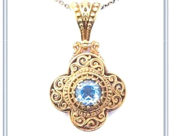 Byzantine pendant 18 karat solid gold filigree & engraved. Available with sky blue topaz, amethyst, peridot, garnet, citrin, lapis or pearl.