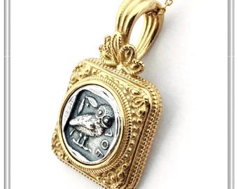 Owl coin tetradrachm filigree, Oxidized sterling silver necklace 18 karat gold filled decoration, Athena owl necklace, Greek museum replica.
