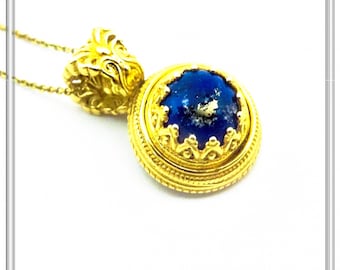 Lapis Lazuli Filigree Pendant: Ancient Greek Art genuine stone Sterling Silver K18 Gold-Filled,