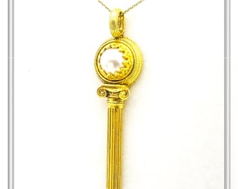 Ancient Greek pearl necklace ionian column shape   sterling silver 18 karat gold filled with Freshwater pearl on hellenic spiral column head